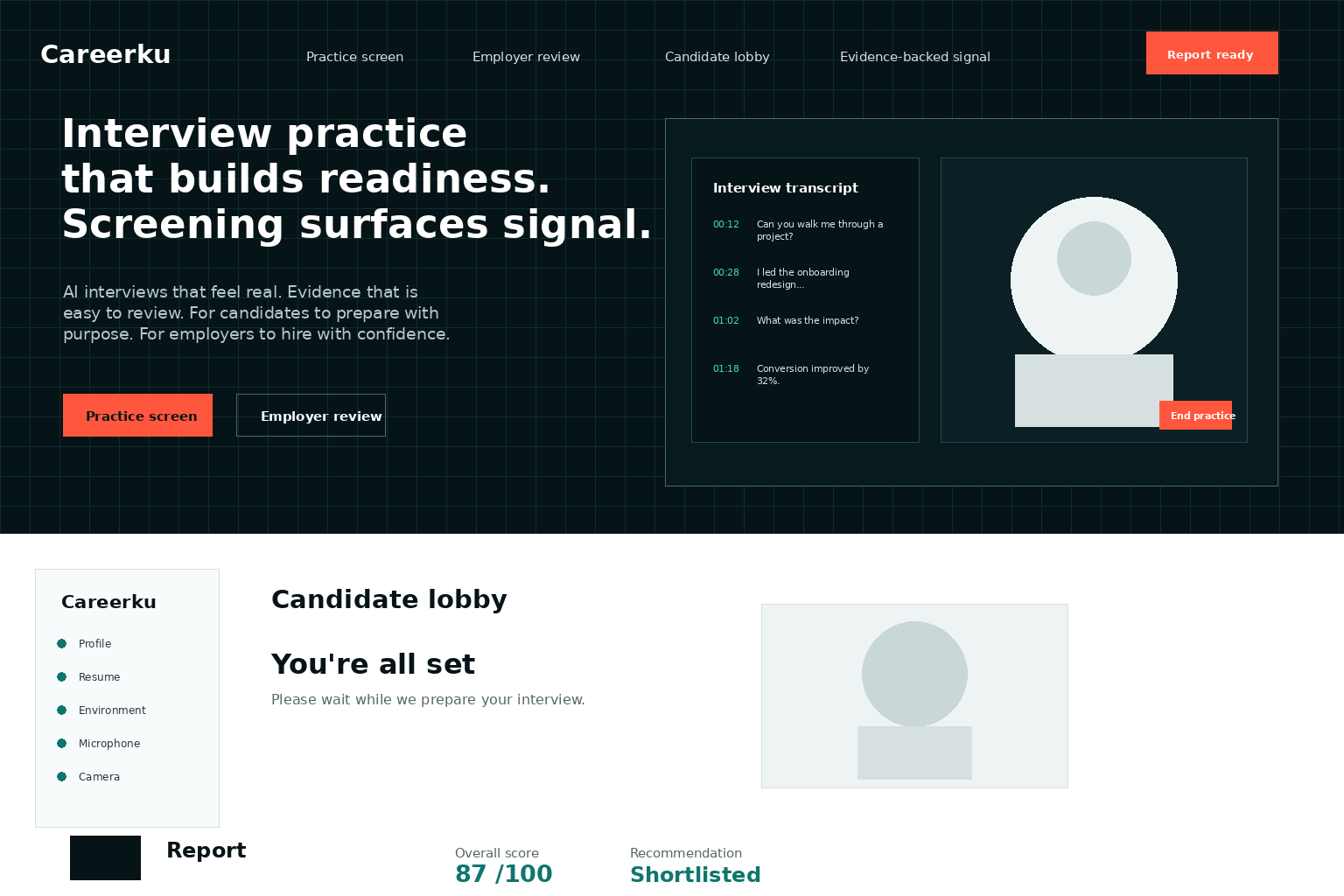 Careerku AI interview room with live transcript and scorecard